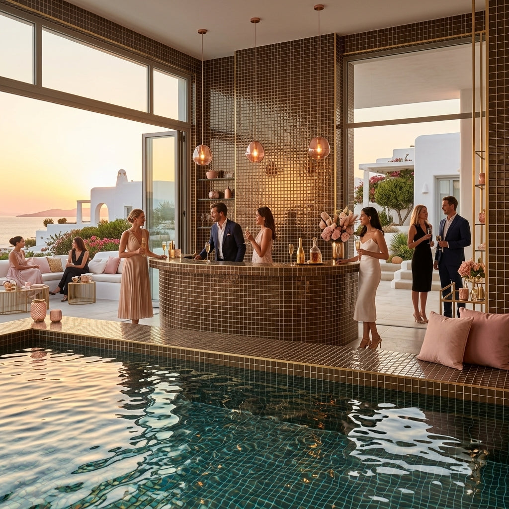 Interstyle 240 Lucas 1" × 1" back-painted glass mosaic installed throughout a luxurious indoor-outdoor champagne and cocktail bar in Mykonos, Greece, including the bar surround and swimming pool. Warm sunset light reflects across the glossy brown glass mosaic, highlighting its rich colour and sophisticated finish.