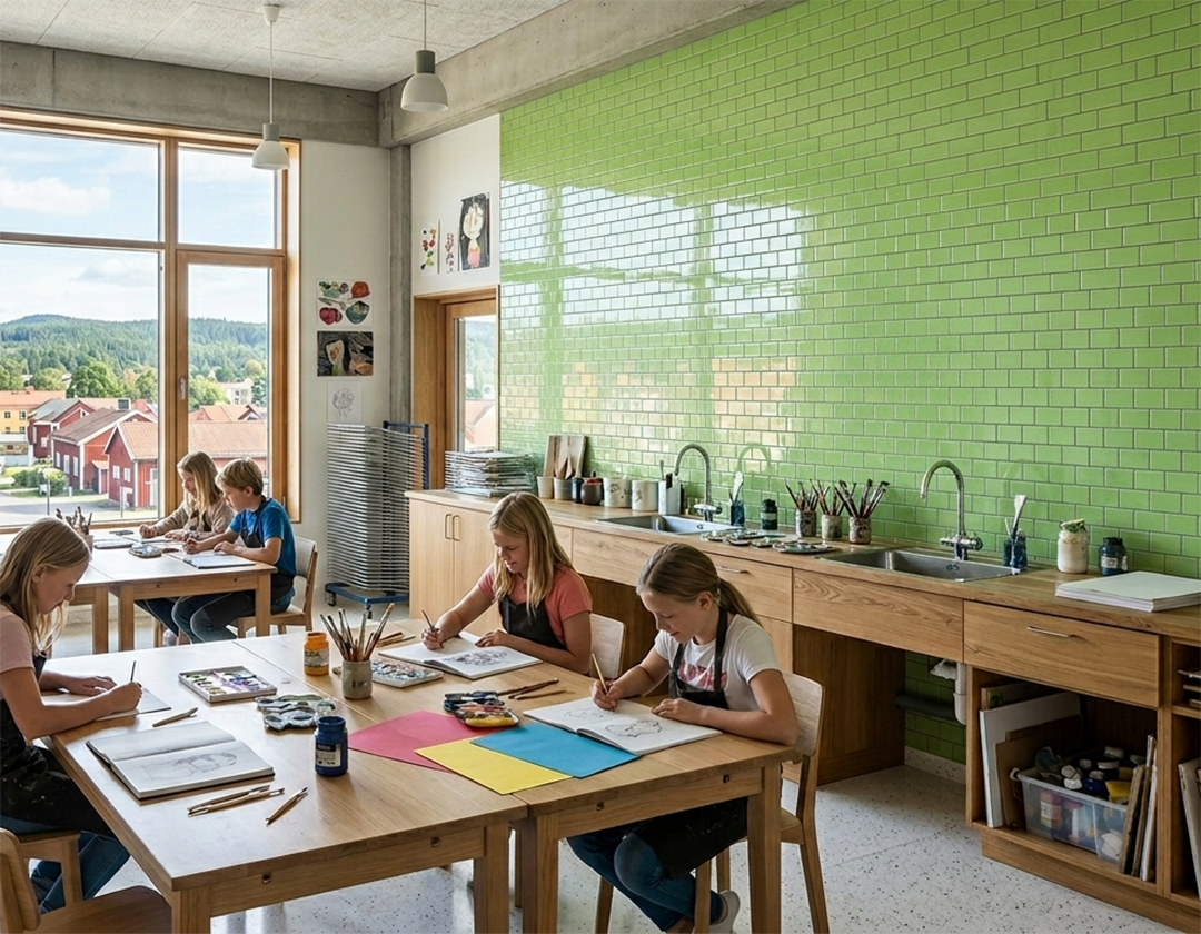 bright classroom with bright green tile mosaic.