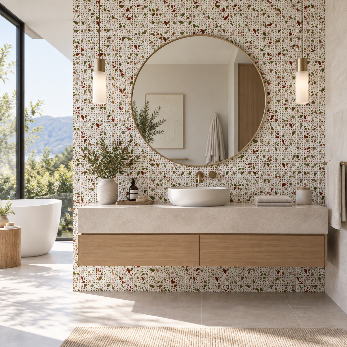 A modern bathroom vanity area with a round mirror, vessel sink, floating wood vanity, and a wall covered in small heart-patterned mosaic tiles. A large window on the left shows a bathtub and outdoor greenery.